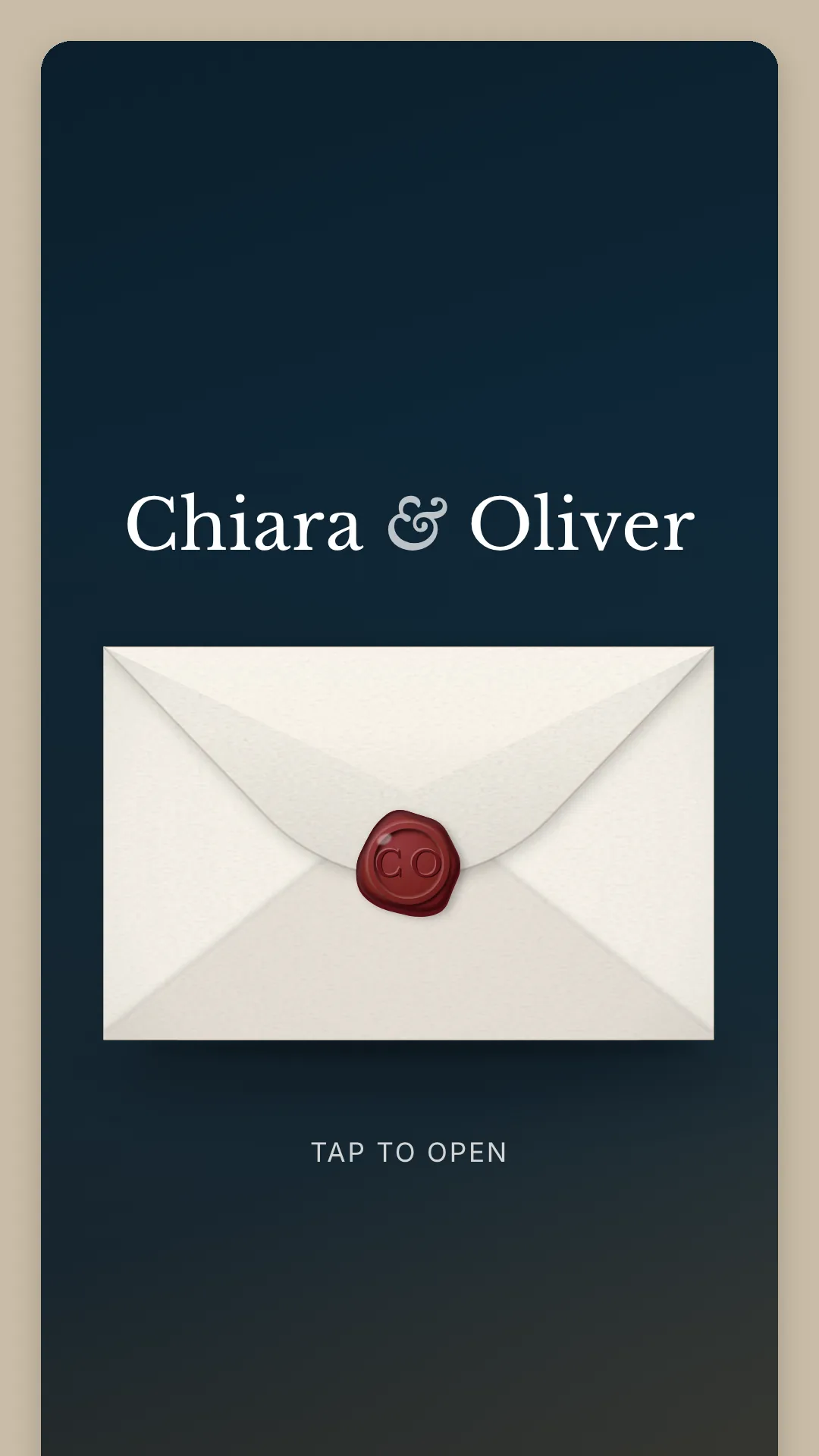 Phone screen: Chiara & Oliver on navy above an ivory envelope sealed with dark red wax stamped CO, and the words Tap to open.