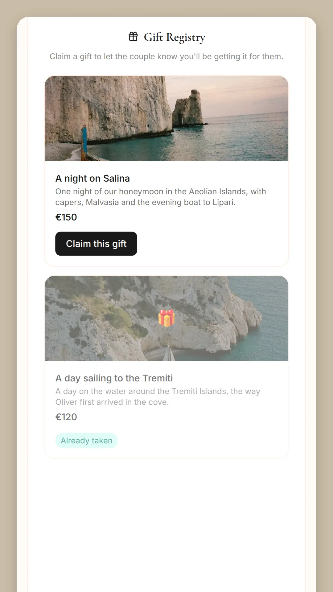 Phone screen: Gift Registry, A night on Salina with its photo, price and a Claim this gift button, then a day of sailing that is already taken.