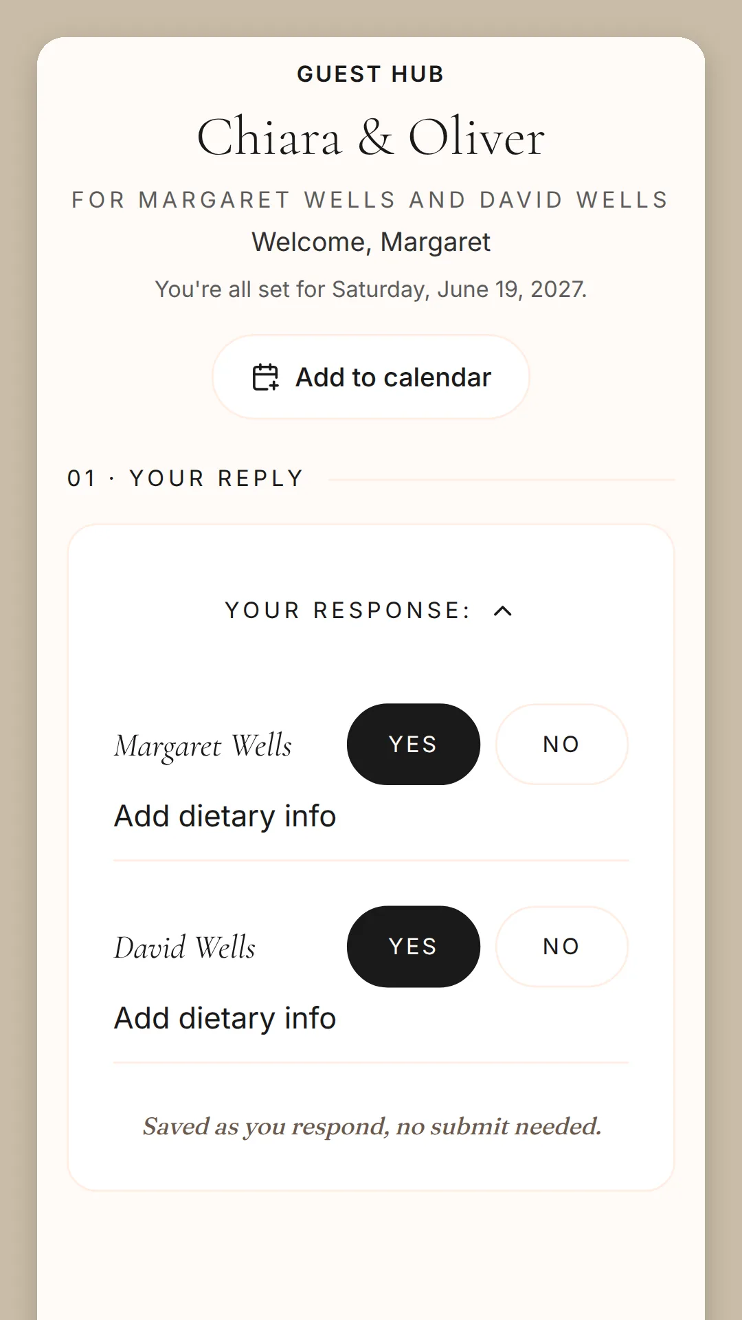 Phone screen: the guest hub for Margaret and David Wells, Welcome, Margaret, an Add to calendar button, then the reply card with both on Yes, Add dietary info and Saved as you respond.