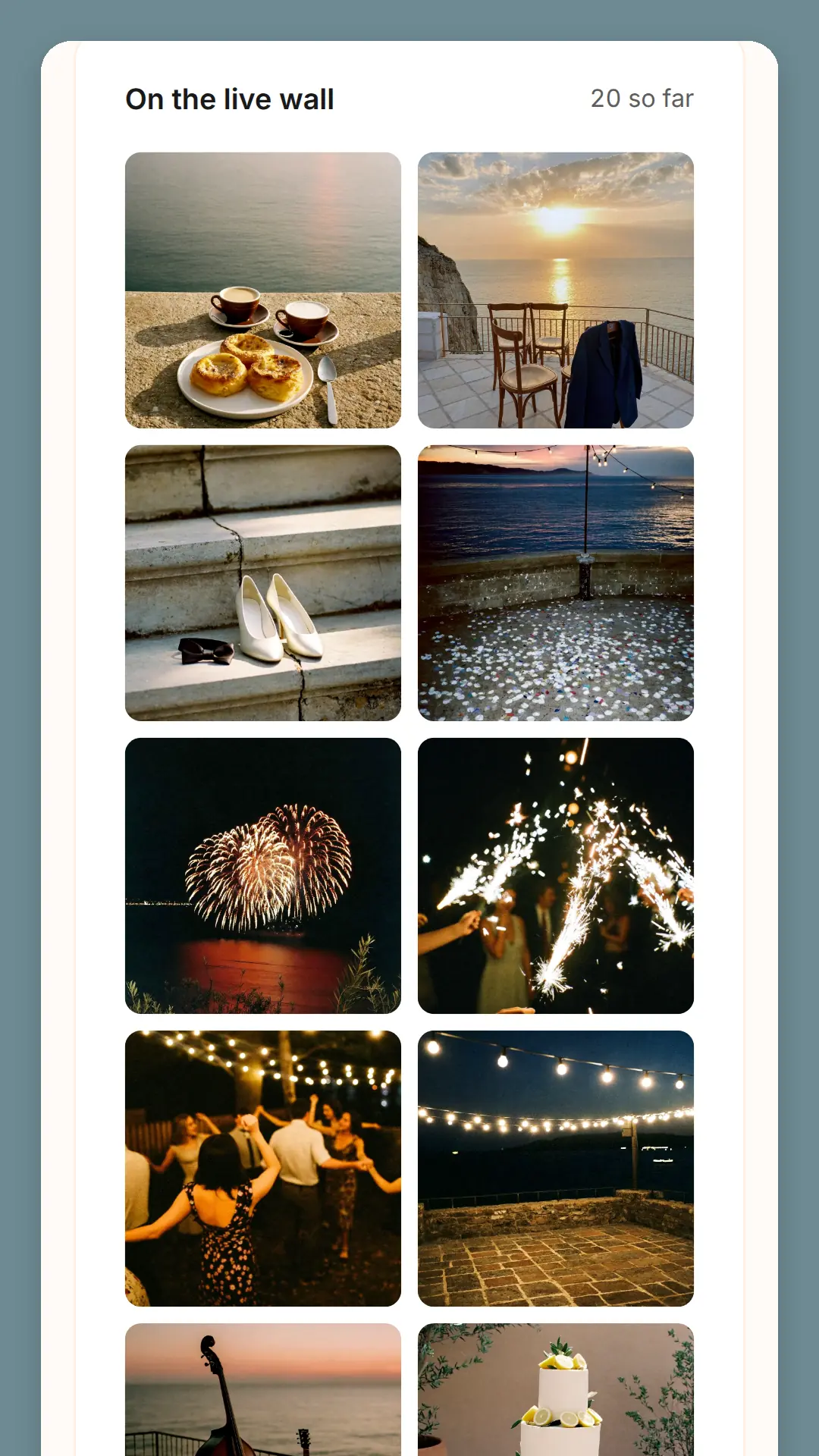Phone screen: On the live wall, twenty so far, a grid of guests' photos: coffee by the sea, a sunset, shoes on the steps, fireworks, sparklers and dancing.