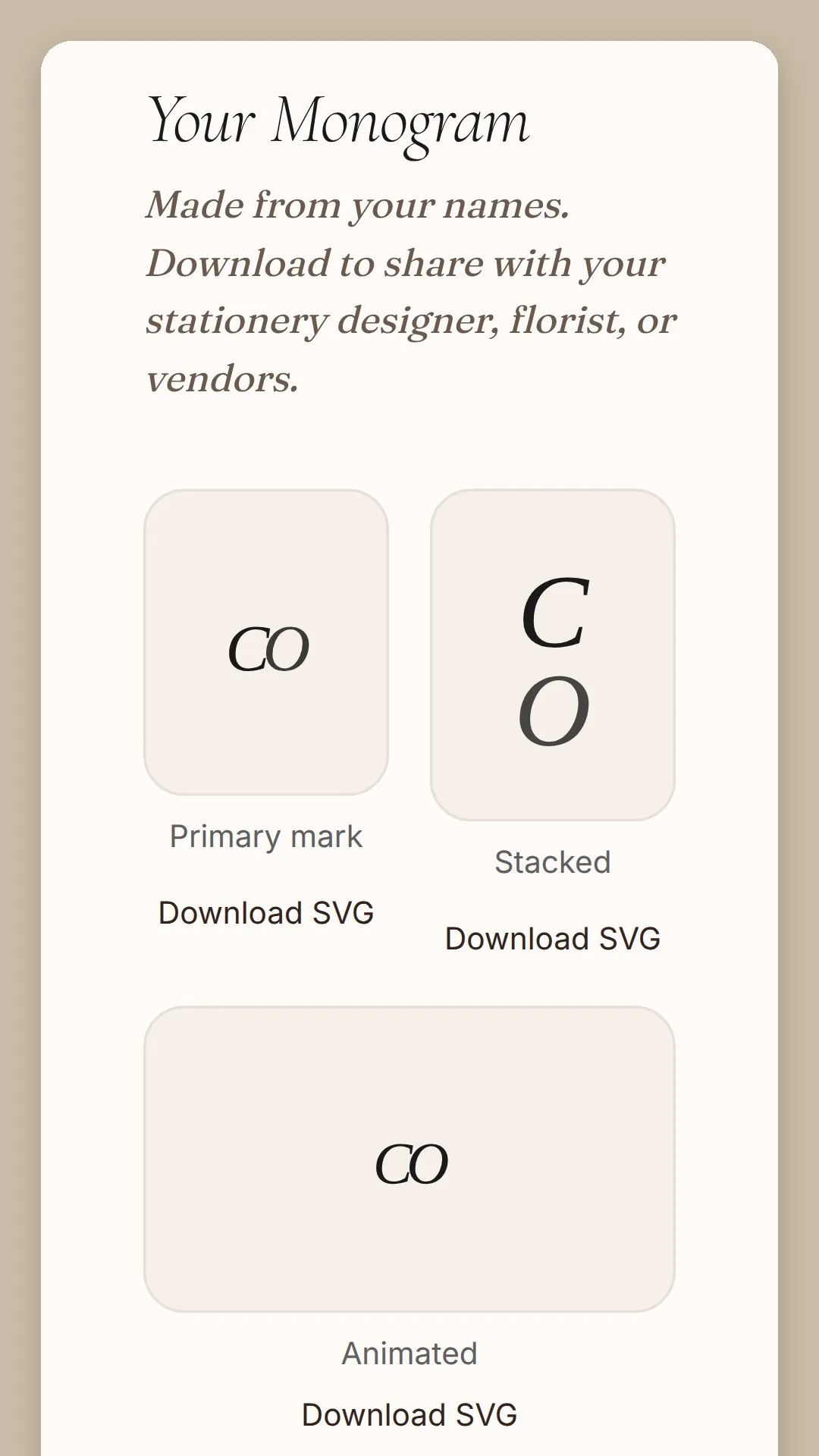 Phone screen: the CO monogram as a primary mark, stacked and animated, each with a Download SVG link.