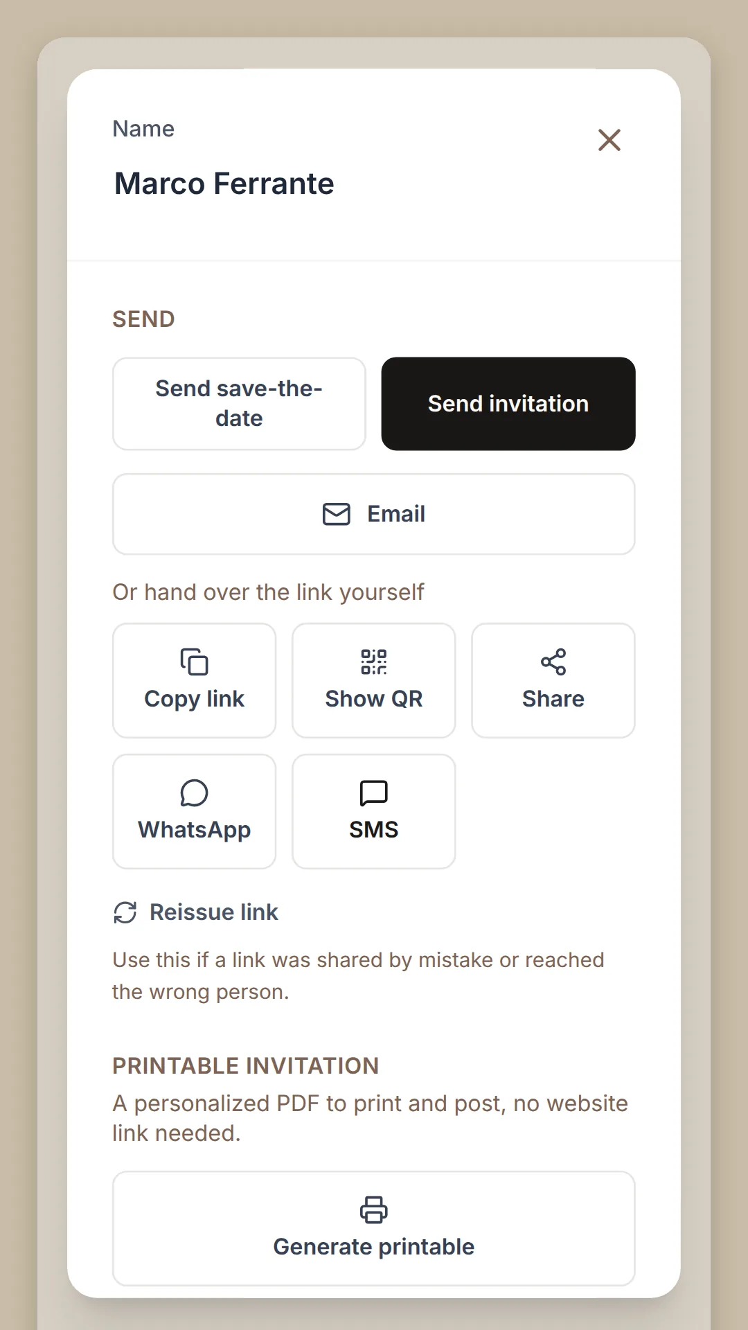Phone screen: Marco Ferrante's guest sheet with Send save-the-date, Send invitation, Email, Copy link, Show QR, Share, WhatsApp, SMS and Generate printable.