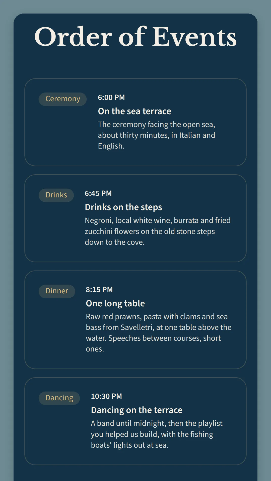 Phone screen on navy: Order of Events, the ceremony at 6:00 PM on the sea terrace, drinks on the steps, dinner at one long table and dancing on the terrace.