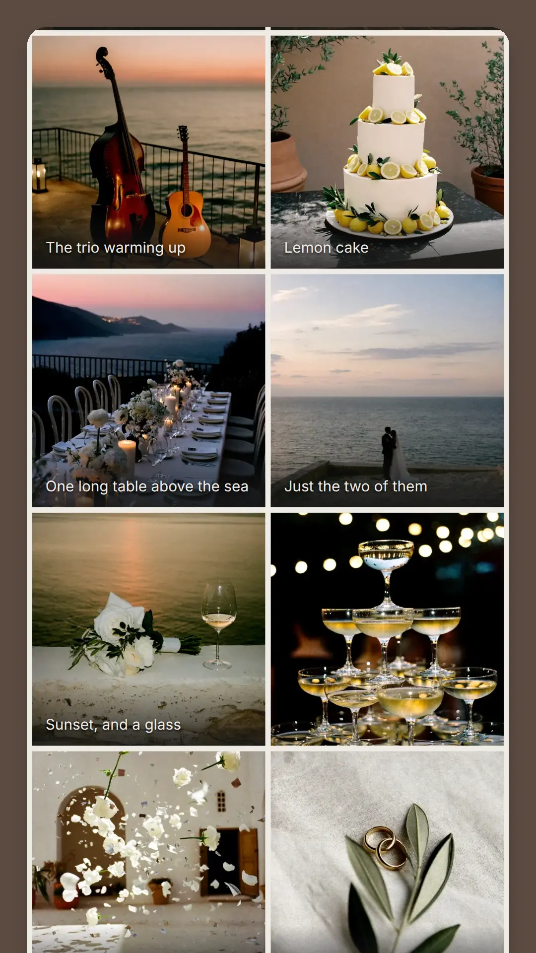 Phone screen: a two-column photo album with captions: the trio warming up, a lemon cake, one long table above the sea, the two of them, sunset and a glass.