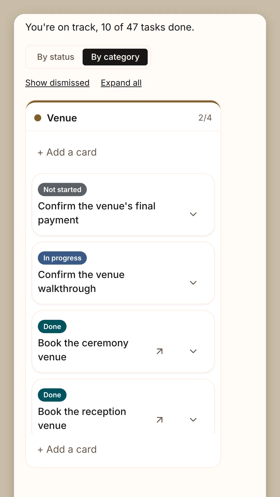 Phone screen: You're on track, 10 of 47 tasks done, and the Venue column of the planning board, one task not started, one in progress and two done.
