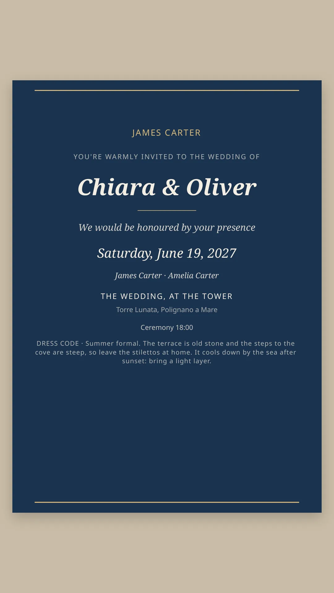 A printed navy invitation for James Carter and Amelia Carter to the wedding of Chiara & Oliver, Saturday, June 19, 2027, at Torre Lunata.