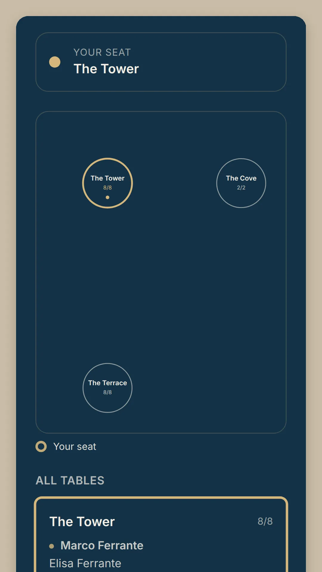 Phone screen on navy: Your seat at The Tower, a chart of the tables with The Tower, The Terrace and The Cove, then All tables with Marco Ferrante first at The Tower.