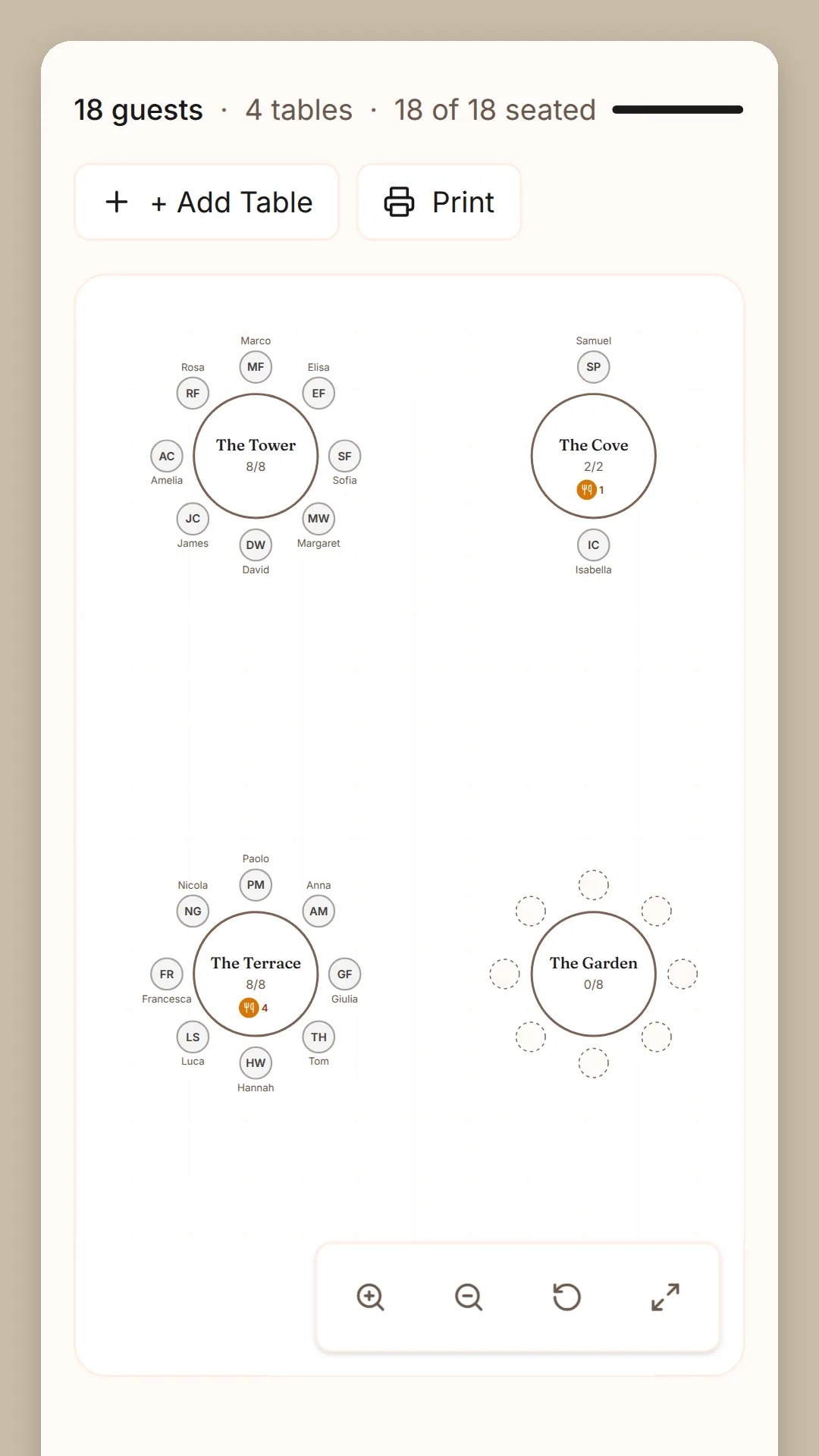 Phone screen: 18 guests, 4 tables, 18 of 18 seated, with Add Table and Print, then the floor plan: The Tower and The Terrace with eight named chairs each, The Cove with two, and The Garden with its chairs still empty.