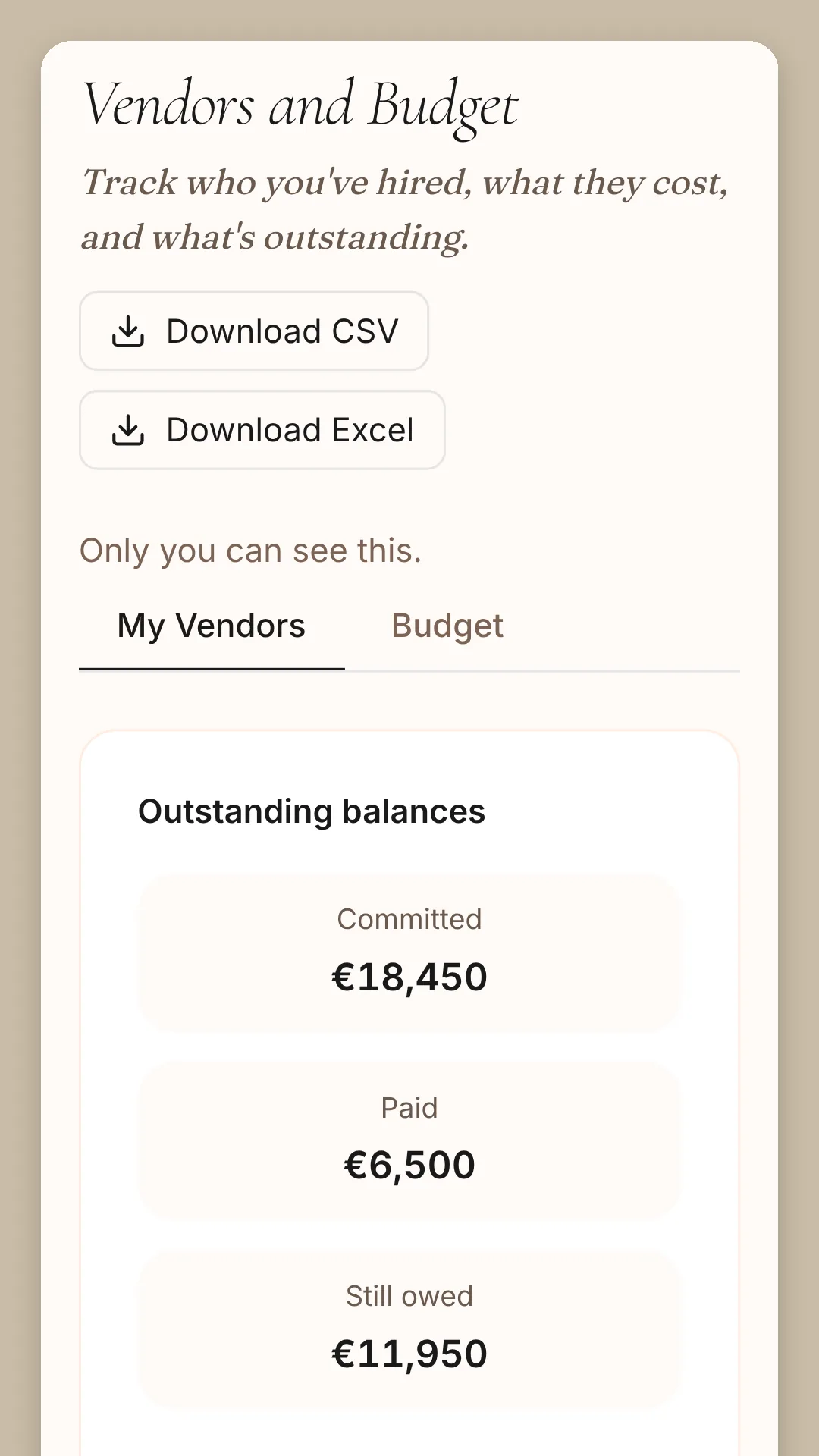 Phone screen: Vendors and Budget with Download CSV and Download Excel buttons, above the balances: 18,450 euros committed, 6,500 paid, 11,950 still owed.