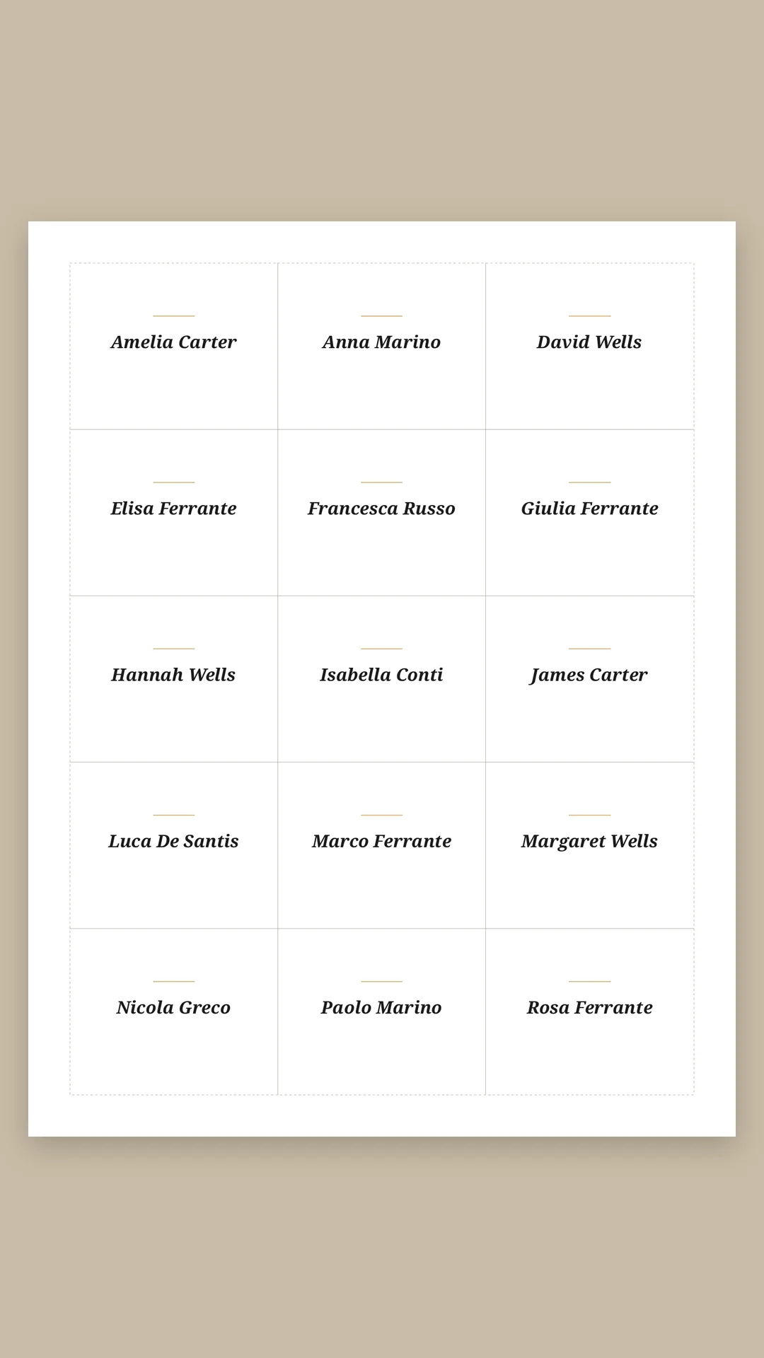A printed sheet of place cards, each with one guest's name, separated by cut guides.
