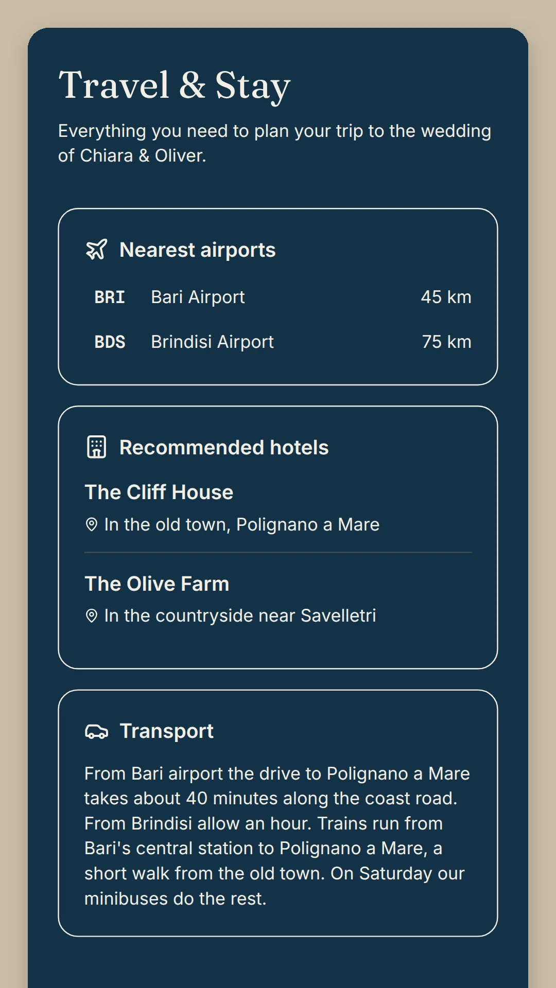 Phone screen on navy: Travel & Stay, the airports of Bari and Brindisi with distances, the hotels The Cliff House and The Olive Farm, and how to get there.