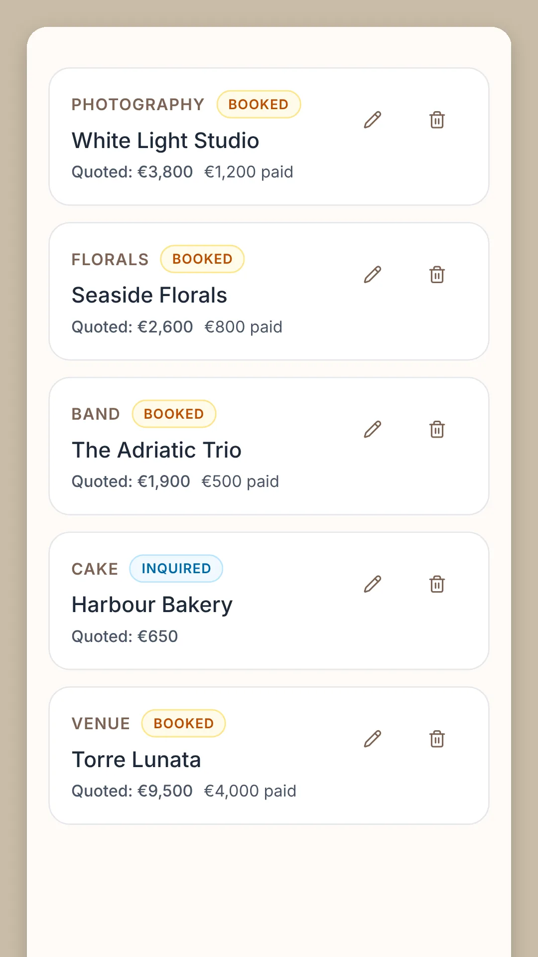 Phone screen: the photographer, the florist, the band and the venue, each Booked with its quote and what is paid, and a cake maker marked Inquired.