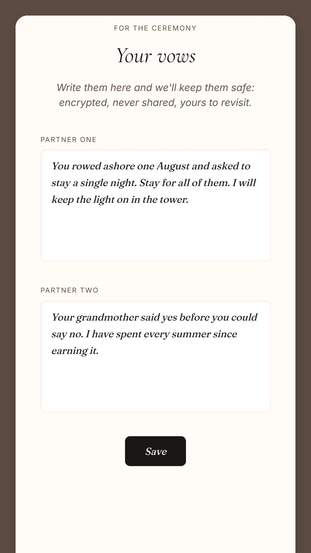 Phone screen: Your vows, a line on encryption, and both partners' vows in italic serif, with a Save button.